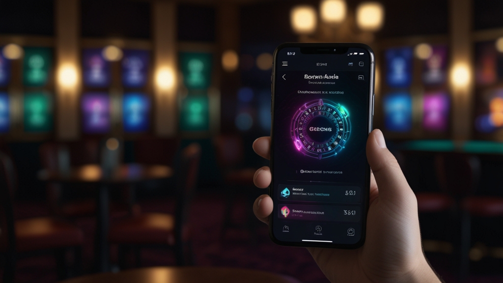 Téléchargement de Win Bit App sur smartphone dans un décor de casino sombre