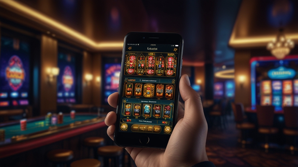 Interface mobile WinBit sur smartphone dans une ambiance de casino sombre